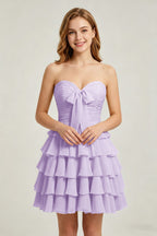 Strapless Yellow Chiffon Tiered Short Homecoming Dresses with Bow