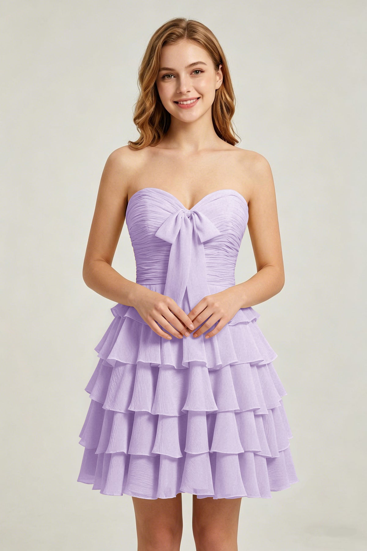 Strapless Yellow Chiffon Tiered Short Homecoming Dresses with Bow