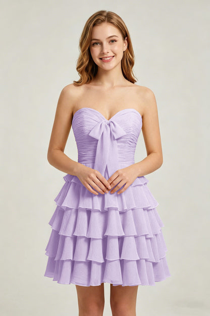 Strapless Yellow Chiffon Tiered Short Homecoming Dresses with Bow