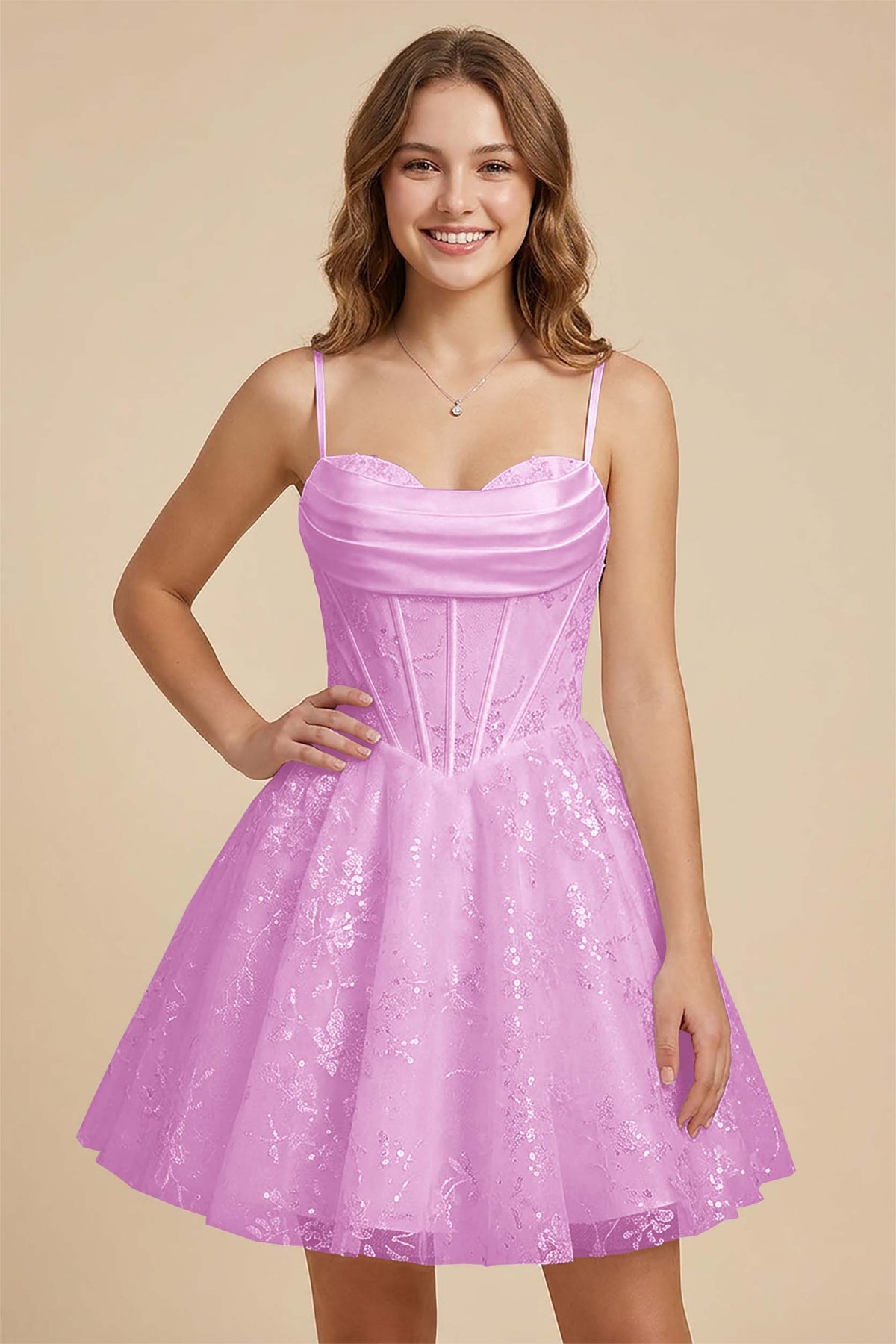 White Cowl Neck Sequin Satin Corset Homecoming Dresses