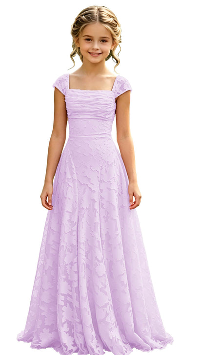 Elegance Blush Pink Lace Cap Sleeve A-Line Flower Girl Dress with Lace-Up Back
