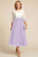 Navy Blue 3/4 Sleeve Two-Tone Lace Chiffon Mother Dresses