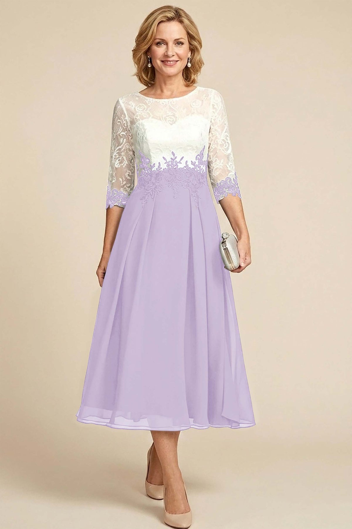 Navy Blue 3/4 Sleeve Two-Tone Lace Chiffon Mother Dresses