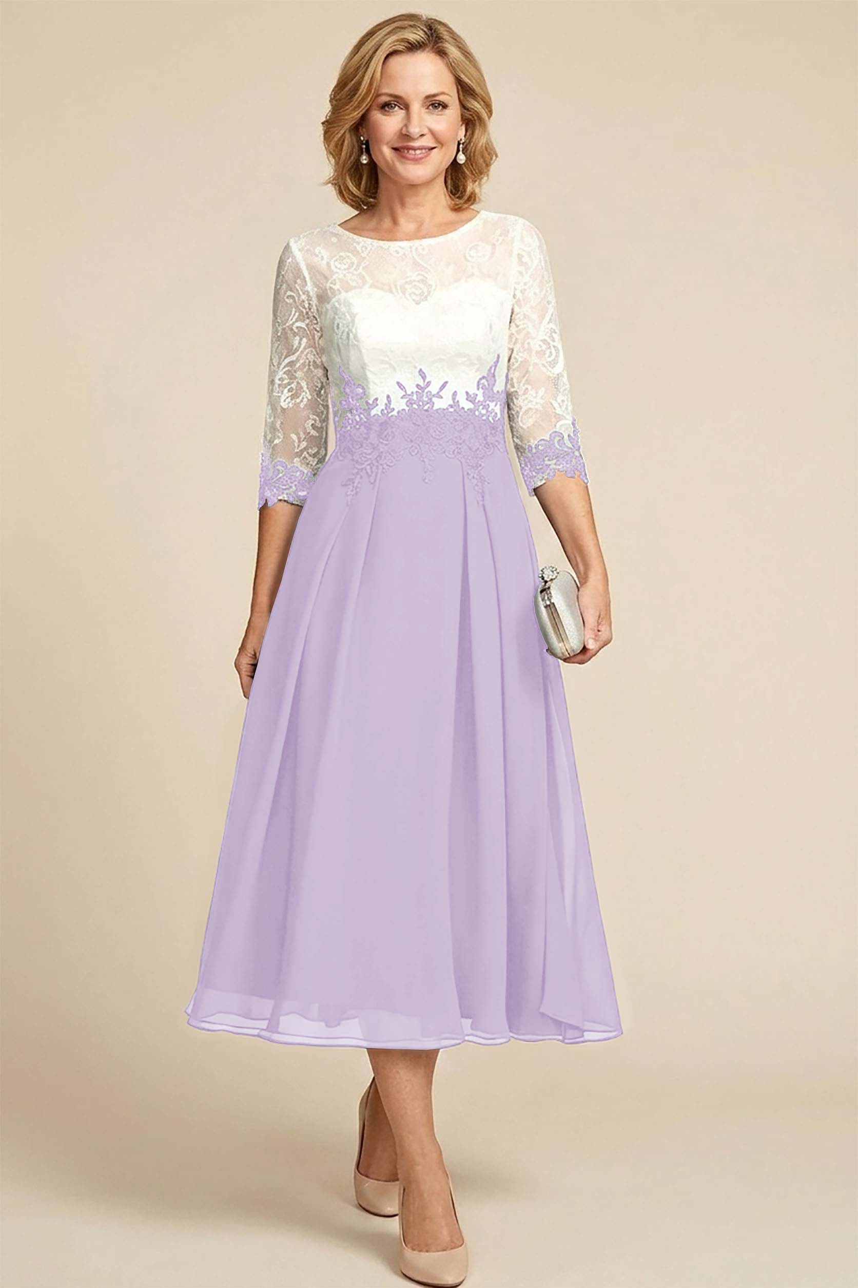 Navy Blue 3/4 Sleeve Two-Tone Lace Chiffon Mother Dresses
