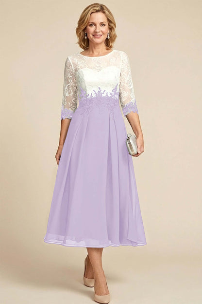 Navy Blue 3/4 Sleeve Two-Tone Lace Chiffon Mother Dresses
