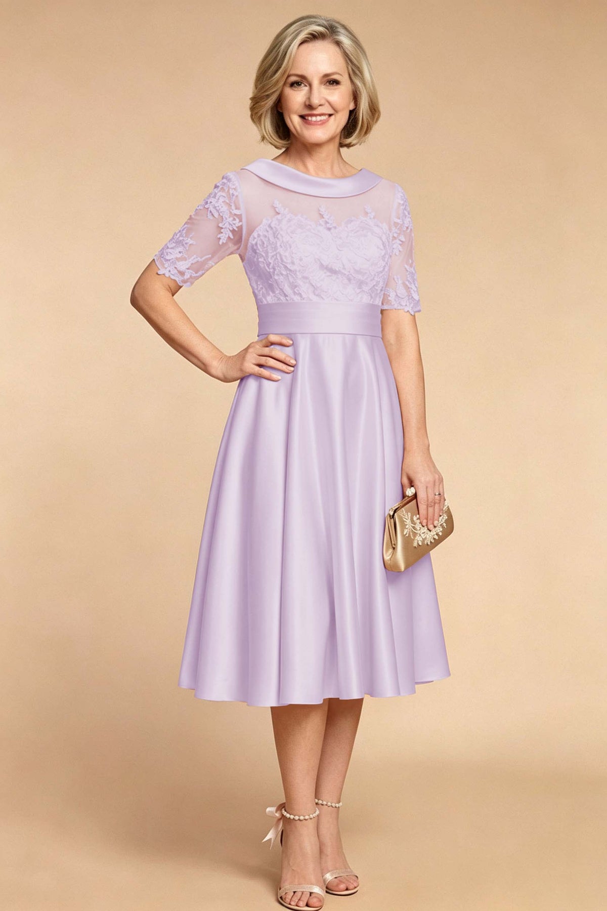 Champagne Imitation Stretch Satin Elbow Sleeve Tea-Length Mother Dresses