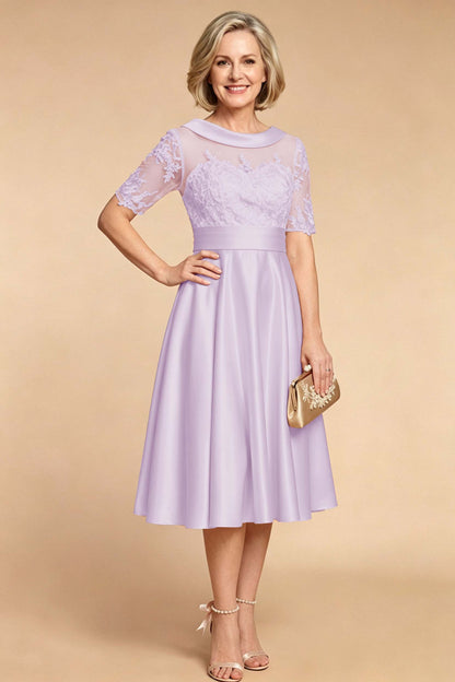 Champagne Imitation Stretch Satin Elbow Sleeve Tea-Length Mother Dresses