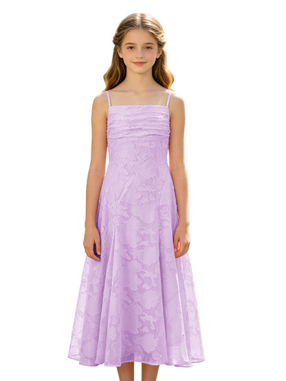 Elegant Pink Floral Jacquard A-Line Flower Girl Dress with Spaghetti Straps