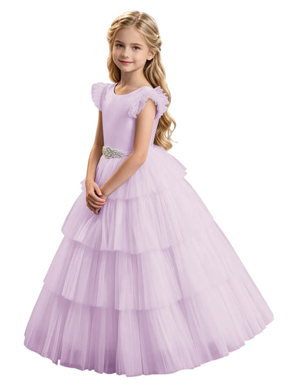 Sky Blue Tiered Tulle Flower Girl Dress with Rhinestone Belt & V-Back