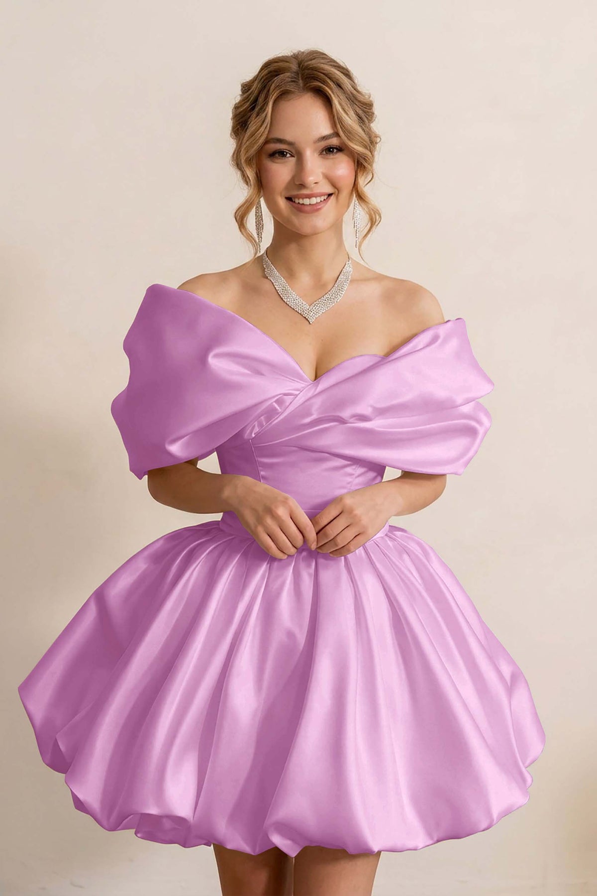 Ivory Off-the-Shoulder Bubble Hem Satin Homecoming Dresses