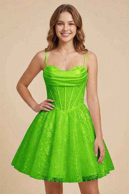 White Cowl Neck Sequin Satin Corset Homecoming Dresses