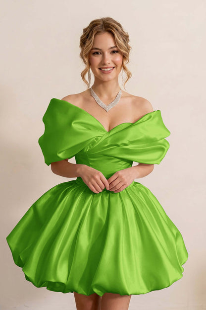 Ivory Off-the-Shoulder Bubble Hem Satin Homecoming Dresses