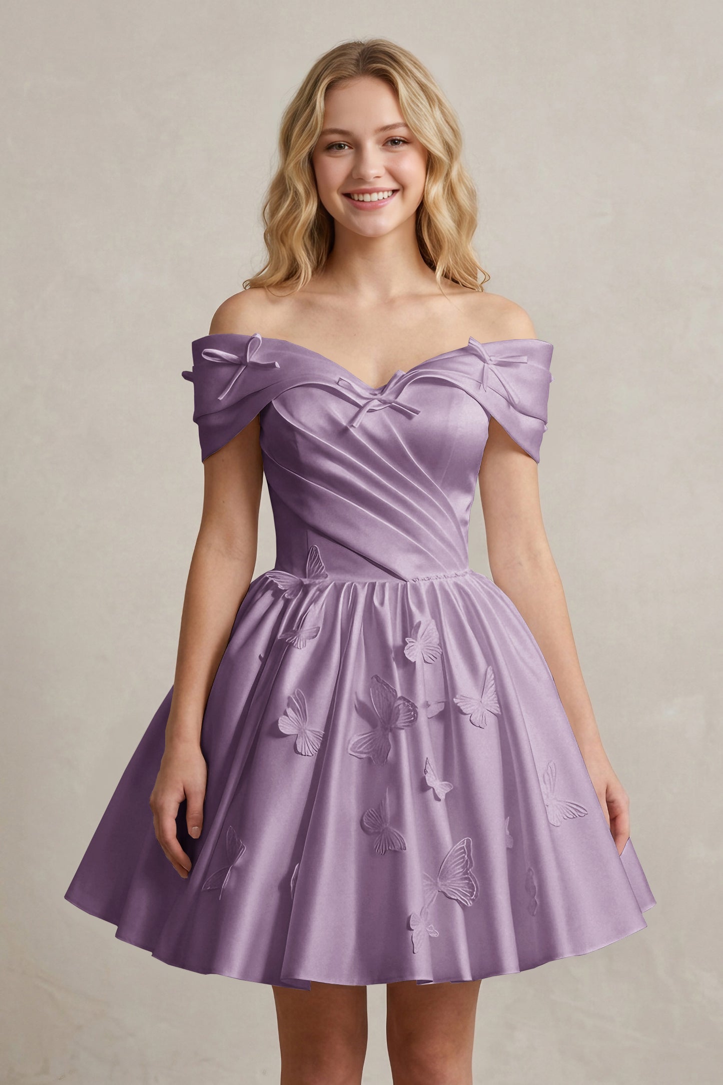 A Line Off Shoulder Ivory Satin Short Homecoming Dresses