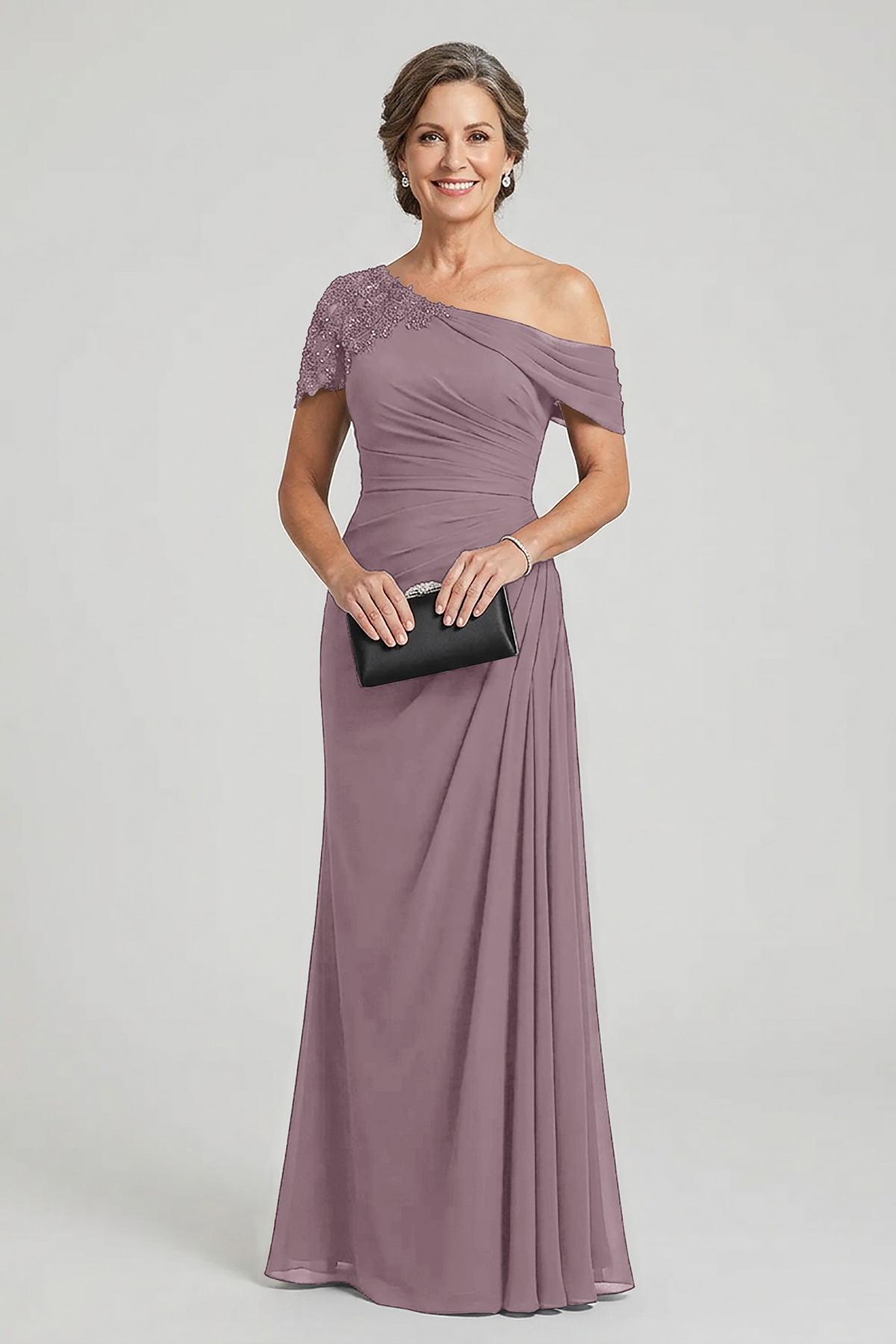 Black One-Shoulder Beaded Ruched Chiffon Mother Dresses
