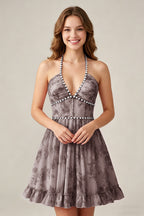 Crystal Halter Neck Blush Pink Floral Chiffon Mini Homecoming Dresses