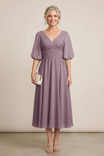 Dusty Blue V-Neck Lace Chiffon Tea-Length Mother Dresses
