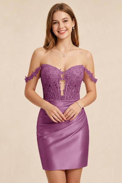 Light Pink Lace Illusion Corset Stretch Satin Mini Homecoming Dresses