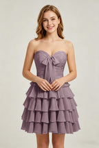 Strapless Yellow Chiffon Tiered Short Homecoming Dresses with Bow