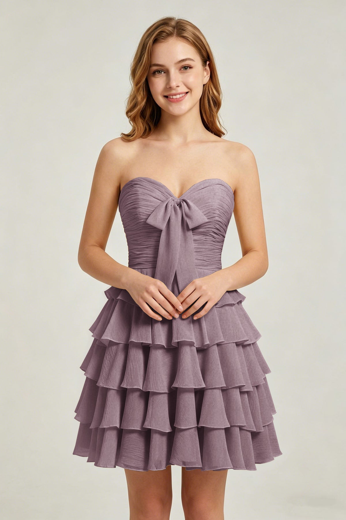 Strapless Yellow Chiffon Tiered Short Homecoming Dresses with Bow