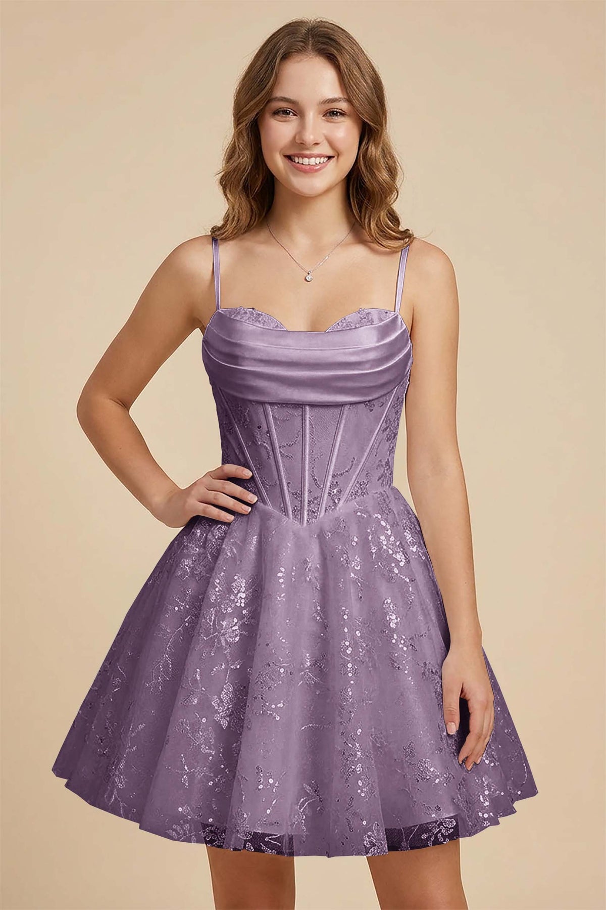 White Cowl Neck Sequin Satin Corset Homecoming Dresses
