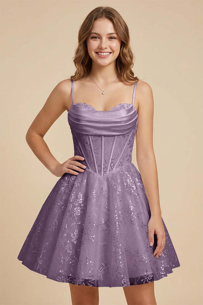 White Cowl Neck Sequin Satin Corset Homecoming Dresses