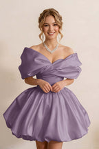 Ivory Off-the-Shoulder Bubble Hem Satin Homecoming Dresses