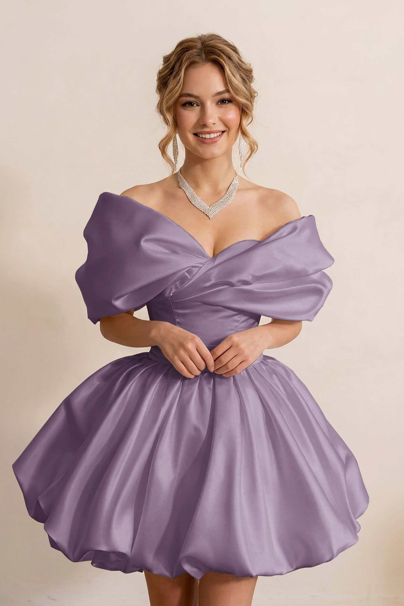 Ivory Off-the-Shoulder Bubble Hem Satin Homecoming Dresses