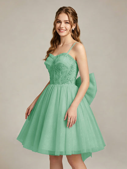 A-Line Light Cyan Sweetheart Tulle Homecoming Dresses with Lace Appliques