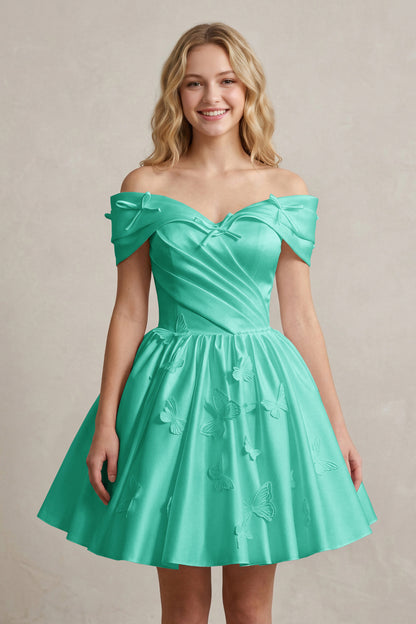 A Line Off Shoulder Ivory Satin Short Homecoming Dresses