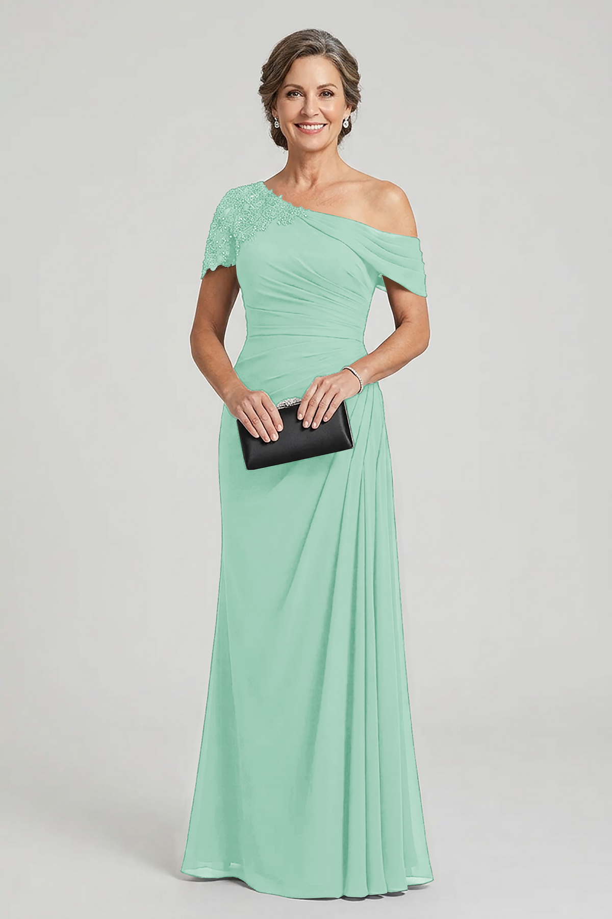 Black One-Shoulder Beaded Ruched Chiffon Mother Dresses