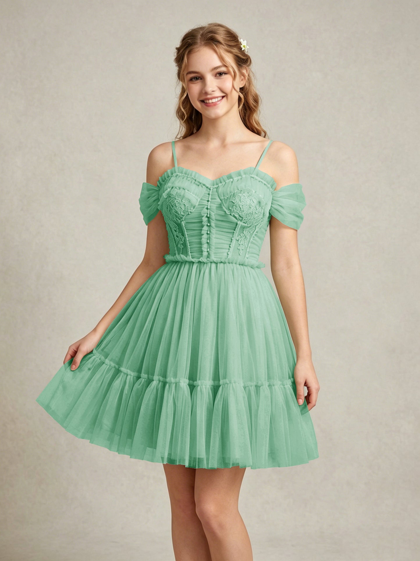 Cold Shoulder Lilac Tulle Dresses with Corset Bodice and Lace Appliques