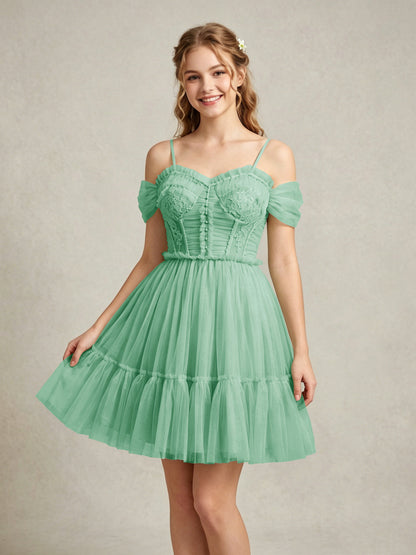 Cold Shoulder Lilac Tulle Dresses with Corset Bodice and Lace Appliques