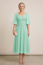 Dusty Blue V-Neck Lace Chiffon Tea-Length Mother Dresses