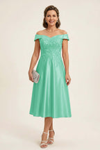Peach Pink Off Shoulder Imitation Stretch Satin Tea-Length Mother Dresses