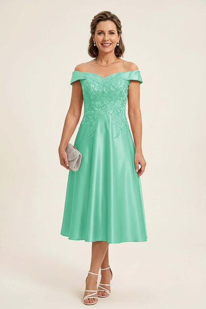 Peach Pink Off Shoulder Imitation Stretch Satin Tea-Length Mother Dresses