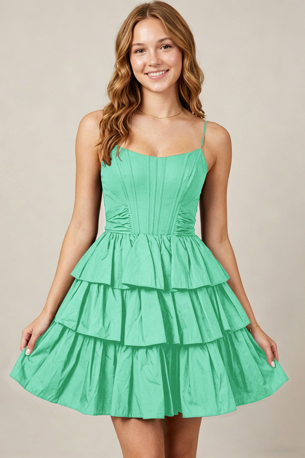 Spaghetti Straps Black Taffeta Tiered Mini Homecoming Dresses