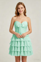 Strapless Yellow Chiffon Tiered Short Homecoming Dresses with Bow