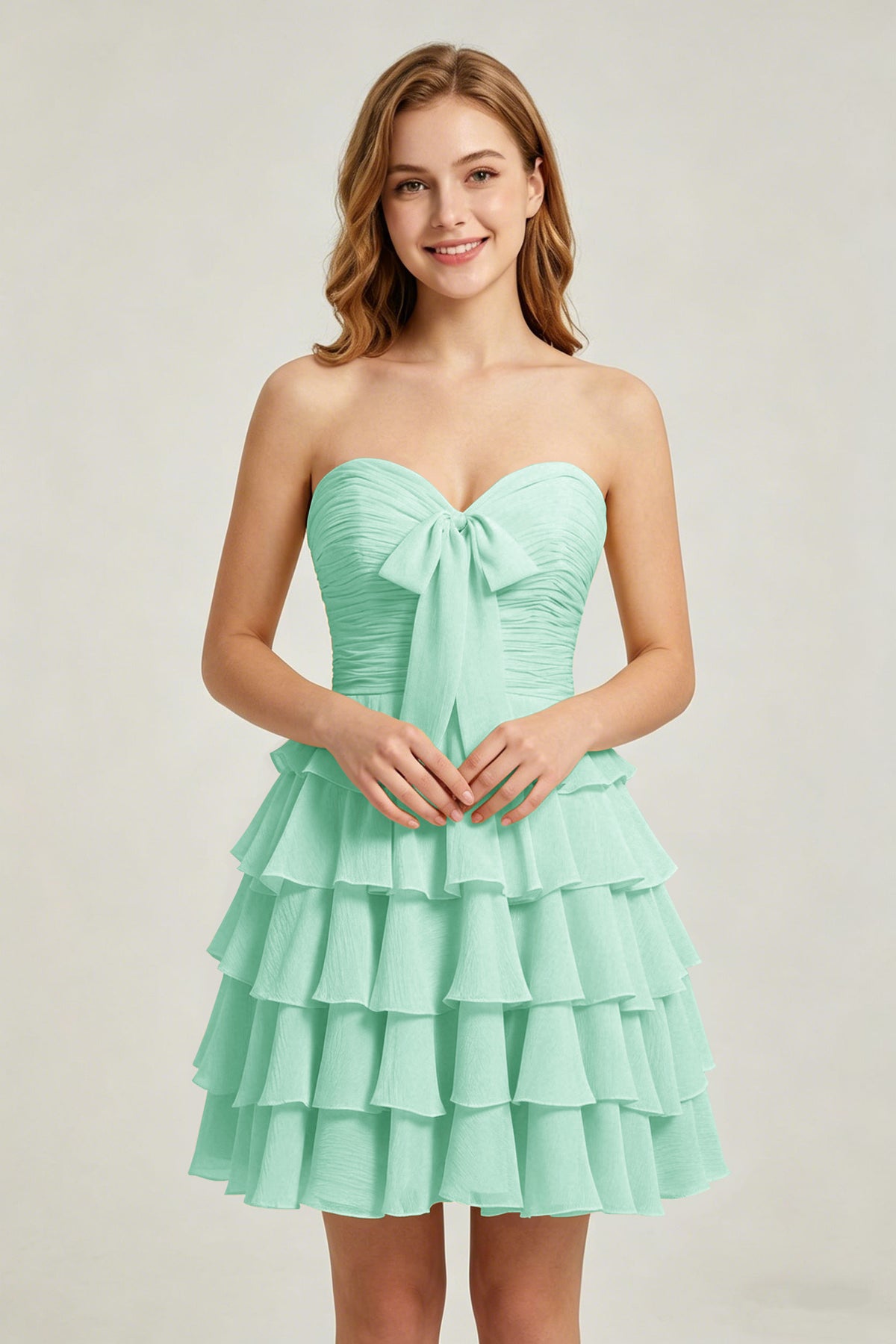 Strapless Yellow Chiffon Tiered Short Homecoming Dresses with Bow