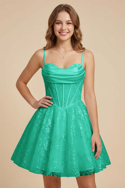 White Cowl Neck Sequin Satin Corset Homecoming Dresses