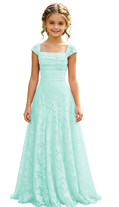 Elegance Blush Pink Lace Cap Sleeve A-Line Flower Girl Dress with Lace-Up Back