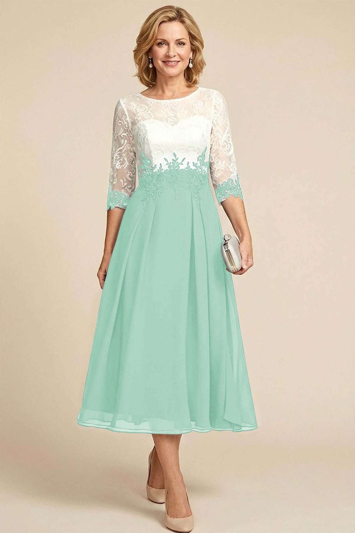 Navy Blue 3/4 Sleeve Two-Tone Lace Chiffon Mother Dresses