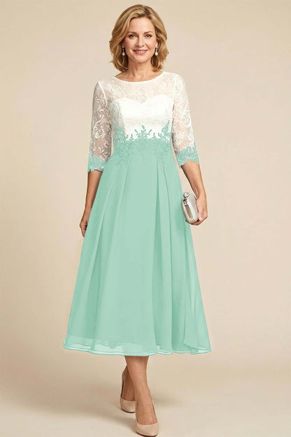 Navy Blue 3/4 Sleeve Two-Tone Lace Chiffon Mother Dresses
