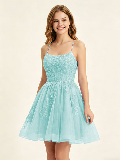 A Line Sequins Lilac Tulle Homecoming Dresses with Appliques