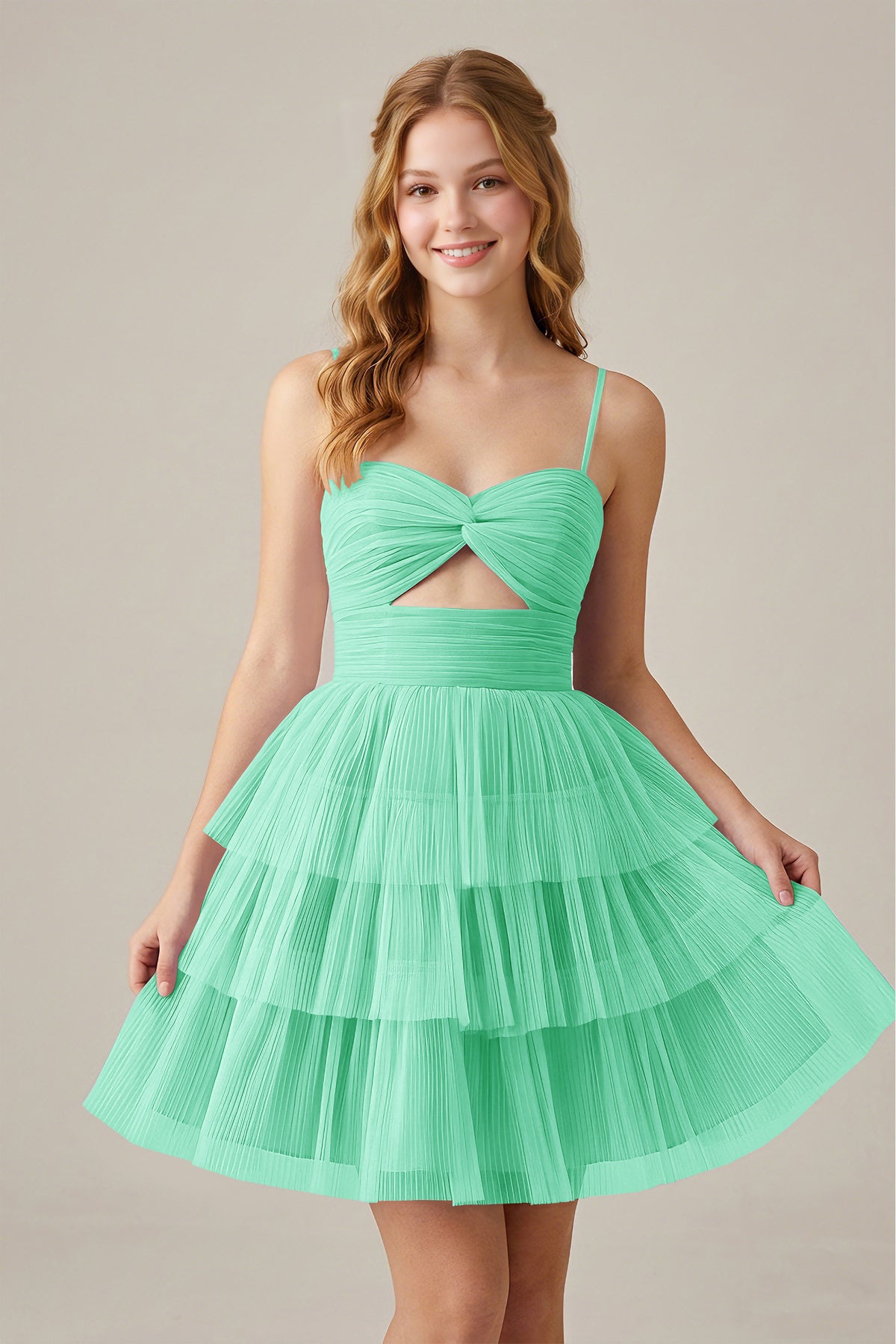 Olive Green Sleeveless Pleated Tulle Cutout Tiered Homecoming Dresses