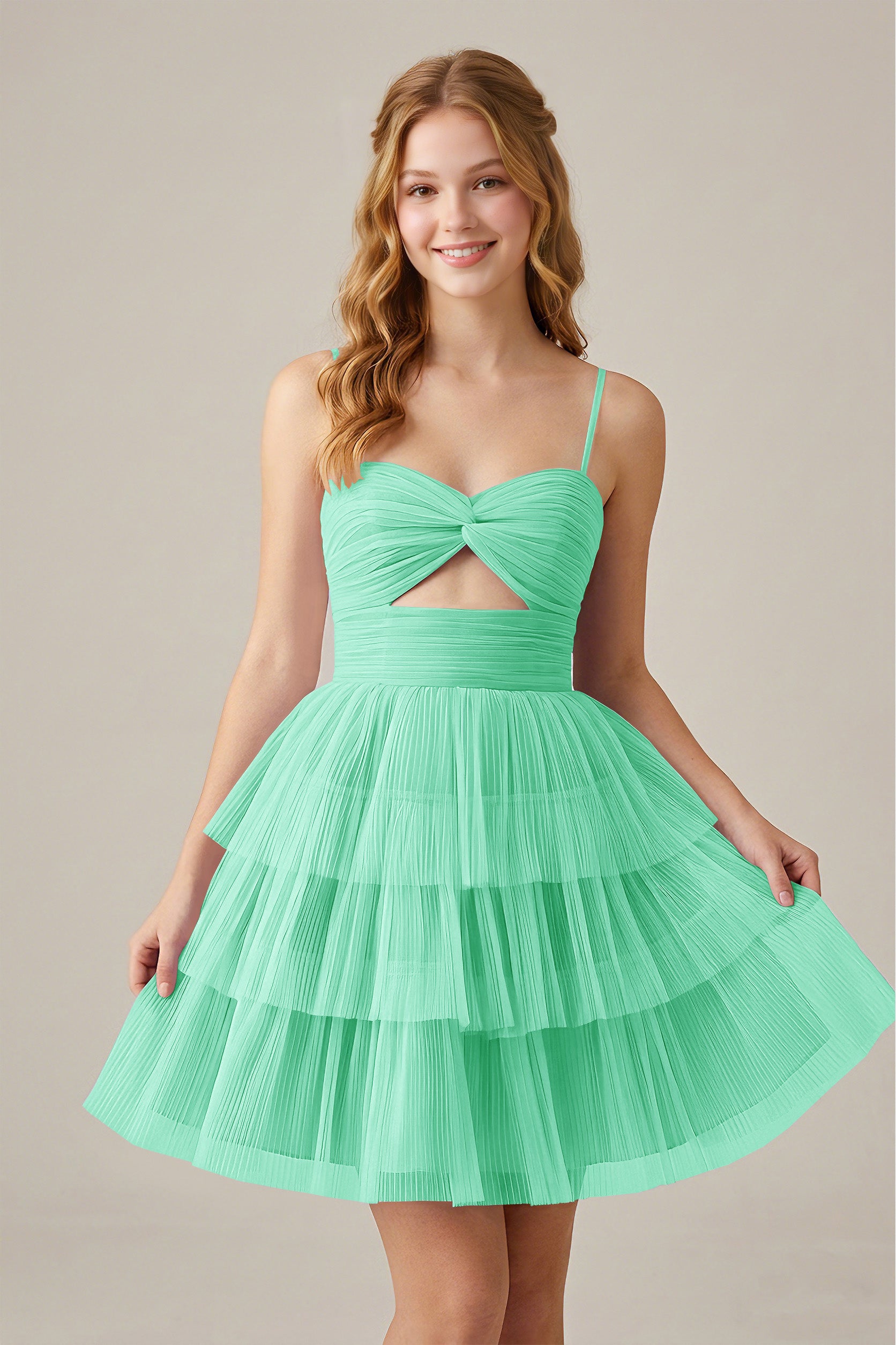 Olive Green Sleeveless Pleated Tulle Cutout Tiered Homecoming Dresses