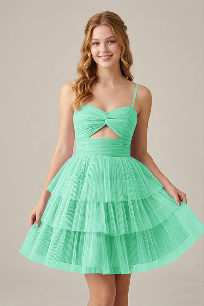 Olive Green Sleeveless Pleated Tulle Cutout Tiered Homecoming Dresses