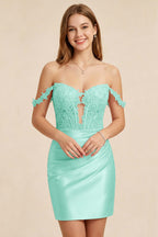 Light Pink Lace Illusion Corset Stretch Satin Mini Homecoming Dresses