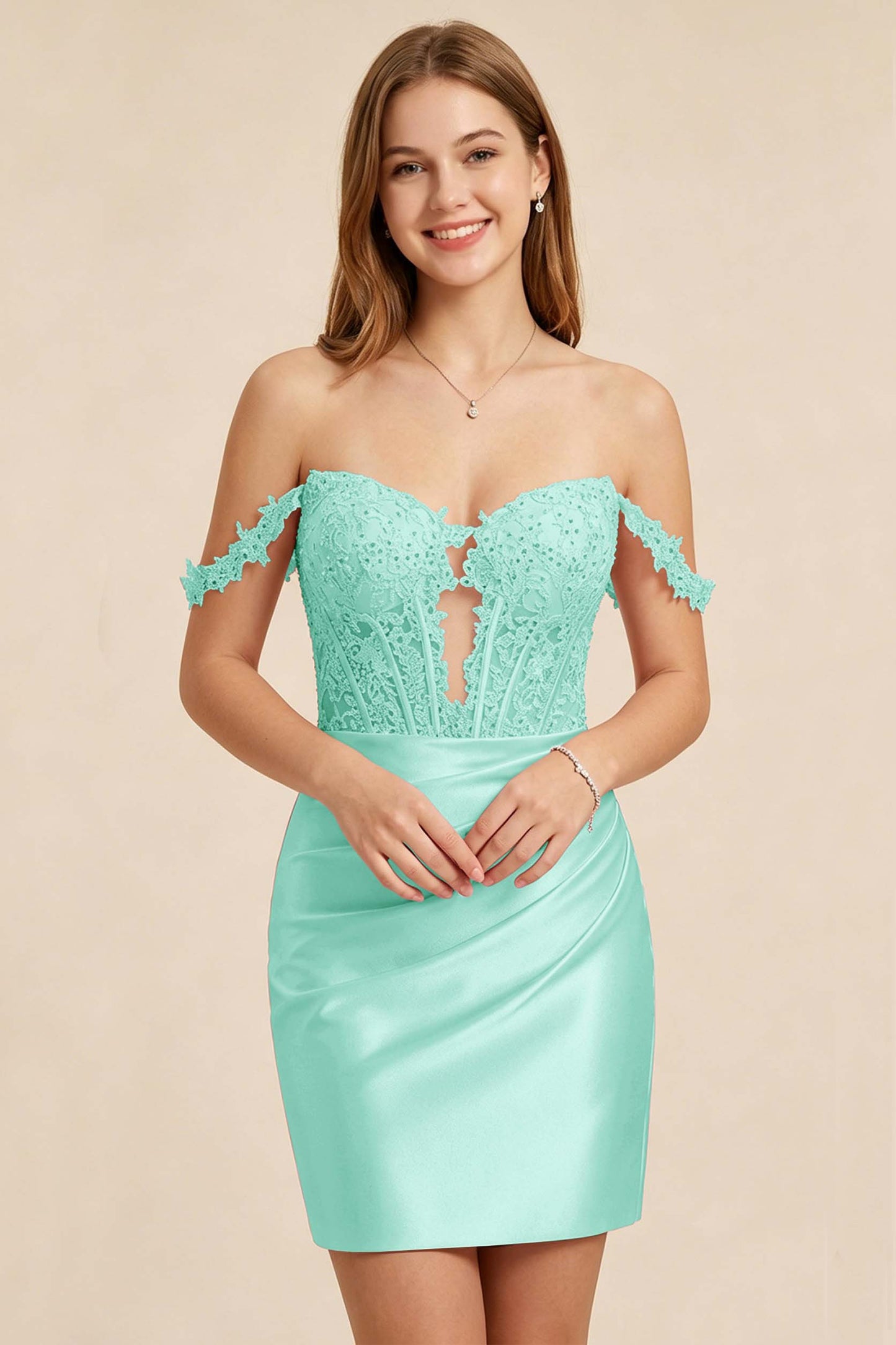 Light Pink Lace Illusion Corset Stretch Satin Mini Homecoming Dresses