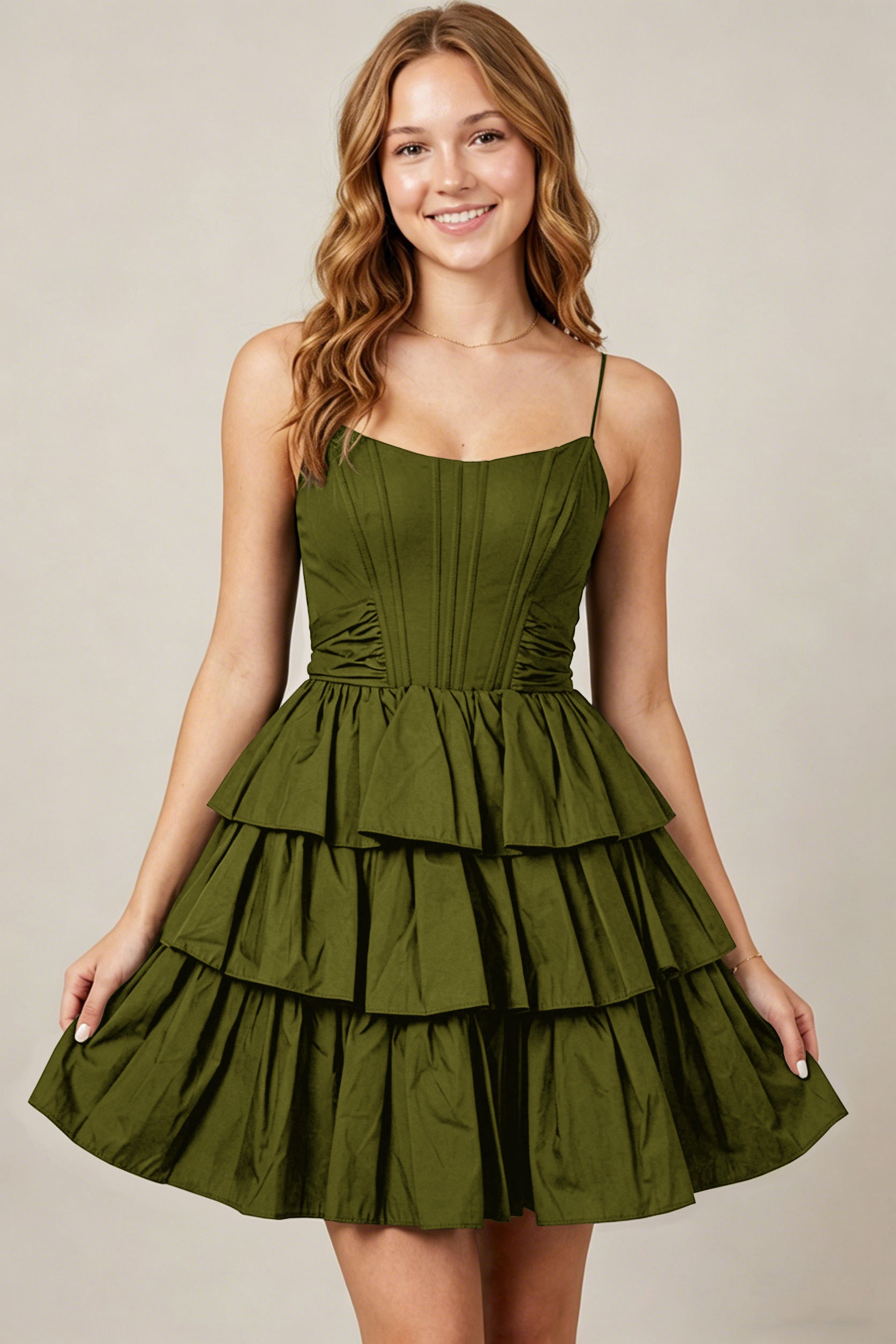Spaghetti Straps Black Taffeta Tiered Mini Homecoming Dresses