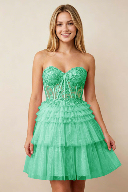 Strapless Misty Rose Lace Illusion Corset Glitter Tulle Homecoming Dresses